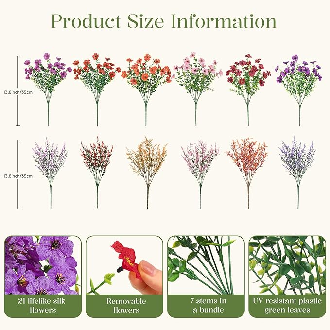 SHareconn 24 Bundles Artificial Flowers for Outdoors Decoration, Faux Plants Fake Silk Colorful Daisy Eucalyptus Lavender, UV Resistant for Outside Home Porch Indoor Spring Decor, 6 Colors incl. Brown