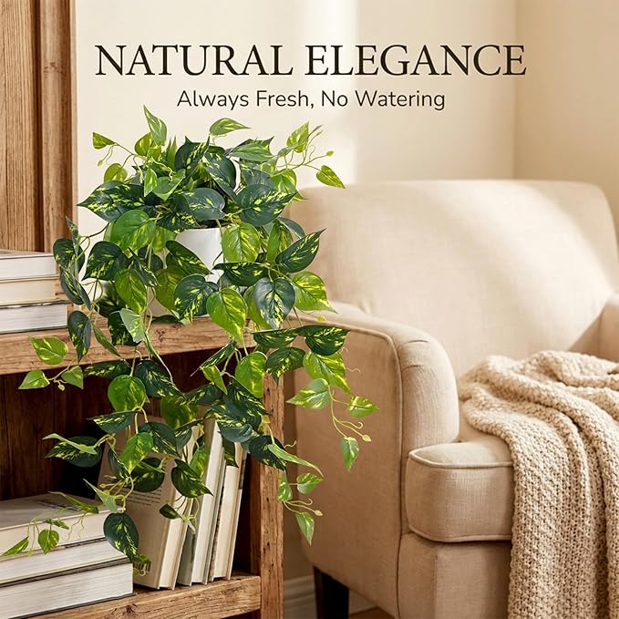 Waipfaru Fake Plants Artificial Plants Indoor, 2Pcs 34" Realistic Artificial Hanging Fake Pothos Vines Ivy Potted, Faux Pothos for Living Room Office Bedroom Bathroom Kitchen Shelves Indoor Home Decor
