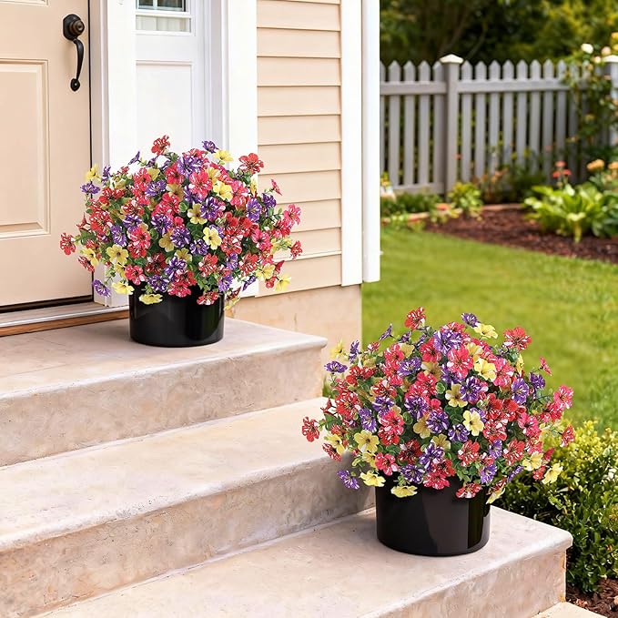 Artificial Morning Glory & Eucalyptus Topiary Trees - Set of 2 Faux Silk Flower Potted Plants, UV-Resistant Fake Outdoor Morning Glory Bushes for Front Door, Farmhouse, Garden Decor (Mixed Color)