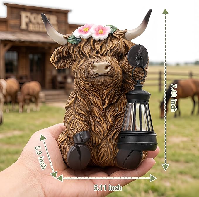 Solar Highland Cow Garden Outdoor Statue,Cow Figurines Sculpture with LED Light,Farmhouse Decor,Patio Balcony Yard for Pasture & Farm Theme Mother's Day Housewarming Gift for Women Mom Grandma