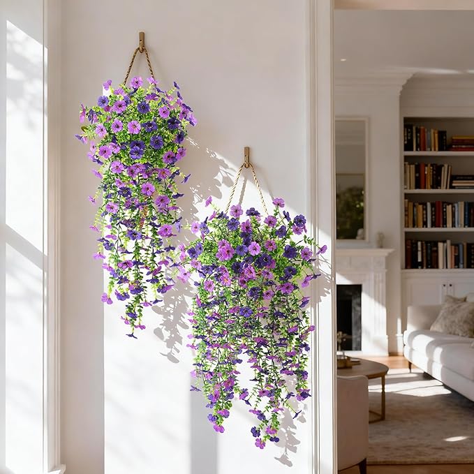 Artificial Hanging Flowers Plants for Outdoor Spring Summer Decoration, 2PCS Faux Silk Daisy UV Resistant Look Real for Outside Home Indoor Planter Porch Garden Yard Decor(Dark Orchid)