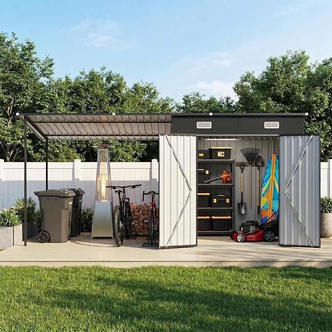 Aoxun 7x6FT Outdoor Storage Shed & Hardtop Canopy Gazebo Combo | 13.3x5.6FT Metal Lean to Shed, 2-in-1 Garden Bike Shed for Patio, Backyard, Deck, Black