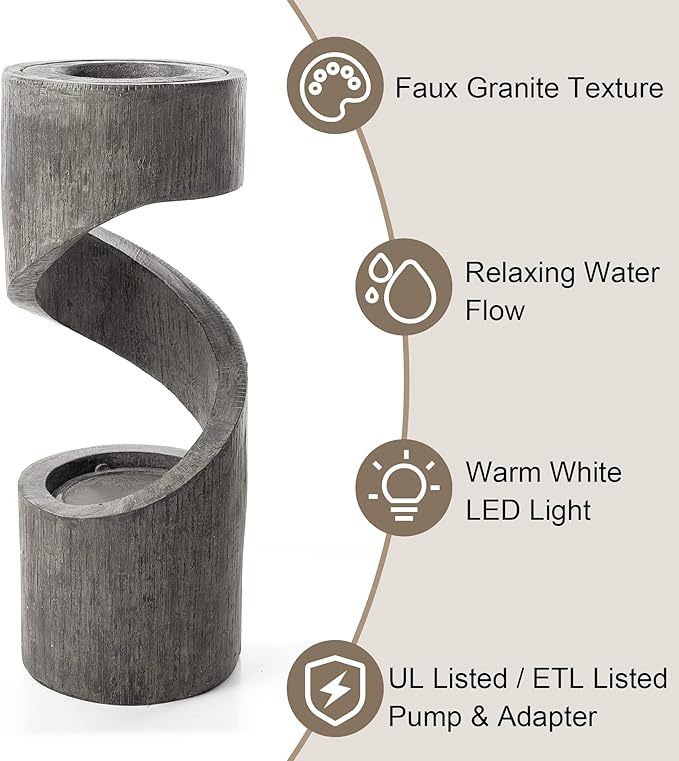 Glitzhome Outdoor Water Fountain with LED Light, Spiral Outdoor Fountain Waterfall with Stone Planter, Modern Curved Freestanding Fountain Water Feature for Garden Patio Backyard, 31.3" H