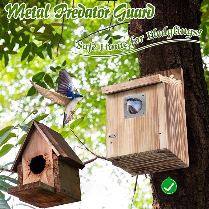 Dreyoo Cedar Bluebird Houses for Outside, 1-1/2” Entrance Hole Wooden Bird Houses with Metal Predator Guard, Secure Latch, Fledgling Grooves, Air Vents(Dark Wood)