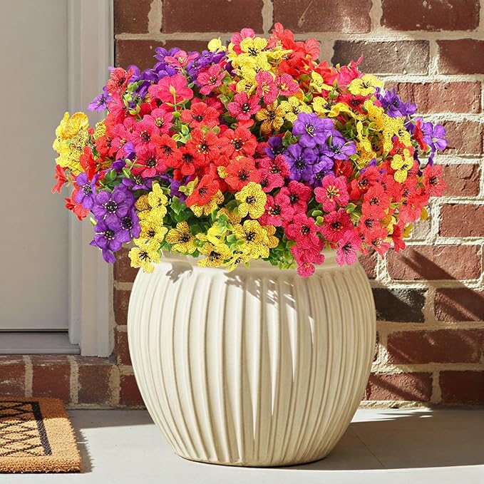 CEWOR 12 Bundles Artificial Flowers for Outdoor Indoor, Fake Silk Daisy with Eucalyptus Leaves, Faux Flower for Garden Front Door Porch Planter Patio Home Decor (Mix Red Purple Yellow Fuchsia)
