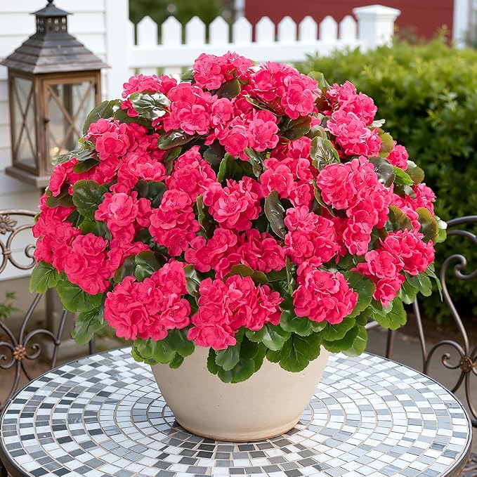 Alupssuc 8Pcs Artificial Geranium Flowers for Outdoors Decoration Silk Floral, UV Resistant Fake Plants, Faux Flower for Porch Garden Table Centerpieces Home Indoor Outside Spring Decor(8, Deep Pink)