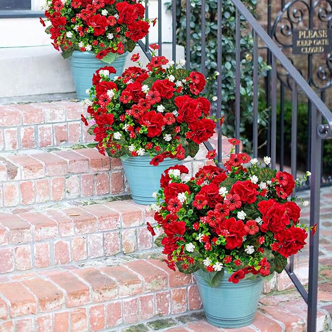8 Bundles Artificial Geranium Flowers for Outdoors, Realistic Silk Geraniums Fake Flowers UV Resistant Faux Plants for Porch Front Door Planter Patio Balcony Outside Decor (Mixcolor)