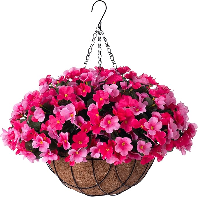 INXUGAO Artificial Hanging Flowers with Basket for Outdoor, Fake Hydrangea UV Resistant Arrangements in Pot Indoor Porch Garden Yard Spring Summer Decor(Double Rose)