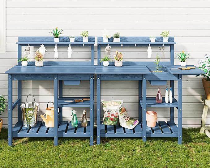 SERWALL Outdoor Potting Bench with Removeable Sink,Rot-Resistant HDPE Potting Table for Outside Gardening, All Weather Use - Blue