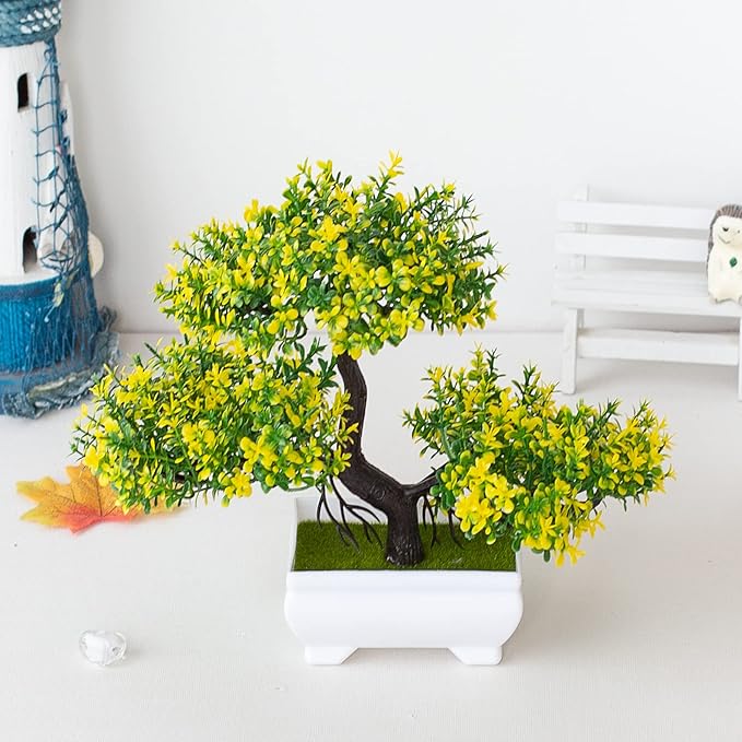 Mini Artificial Bonsai Tree Plants Artificial Plant Welcome Pine Tree with Plastic Cement Pots for Home Office Décor (Yellow)