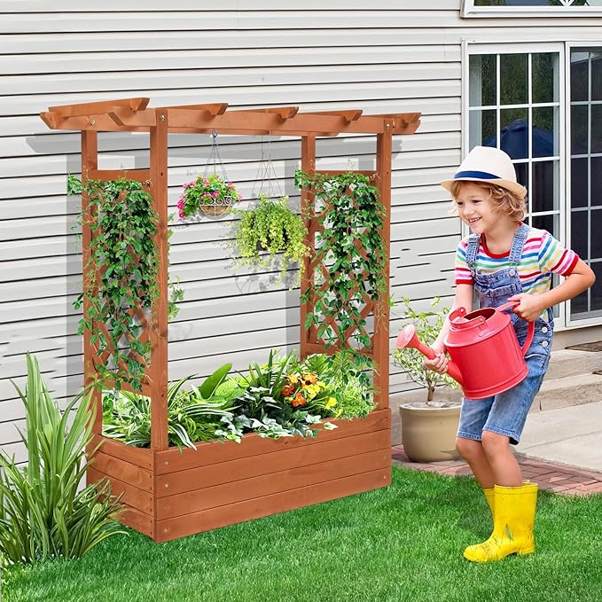 VINGLI 45 in Raised Garden Bed with Trellis & Hanging Roof, Wooden Elevated Planter Box with Drainage Holes for Outdoor Climbing Plants Vegetables Flowers, Patio Yard Balcony