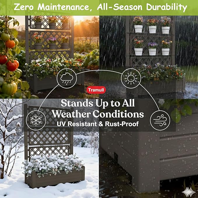 5' Tall Raised Garden Bed with Trellis, Self Watering Planter Box for Outdoor Climbing Plants Resin Garden Lattice for Vegetables, Flowers, Tomato & Vine with Drainage Holes (Coffee, 4 Pack)