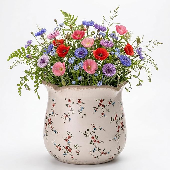 Vintage Ceramic Planter Pot with Drainage Holes, Green Floral Design, 6.11 Inch, Distressed Tuscan Style, Indoor Plant Pot and Vase (Small Red Blooms)