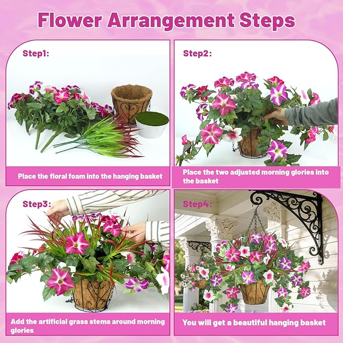 Artificial Flowers Hanging Baskets for Outdoors, 5PCS UV Resistant Faux Outdoor Plants, Fake Petunias Silk Flowers for Garden Balcony Yard Porch Decor (White Red Lotus)