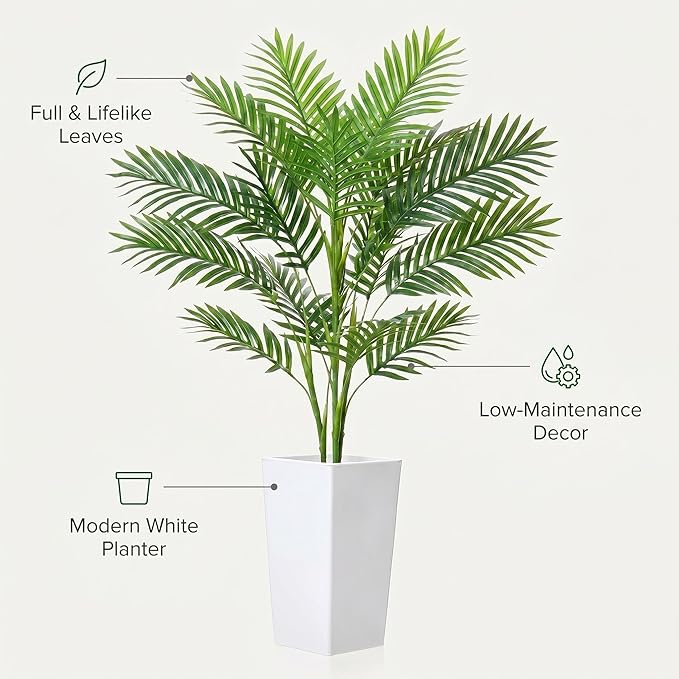 Garvee 4.2FT Artificial Palm Tree, Tall Faux Tropical Areca Plants with White Tall Planter, Fake Potted Tree with Lifelike Leaves for Indoor Living Room Bedroom Home Office Decor