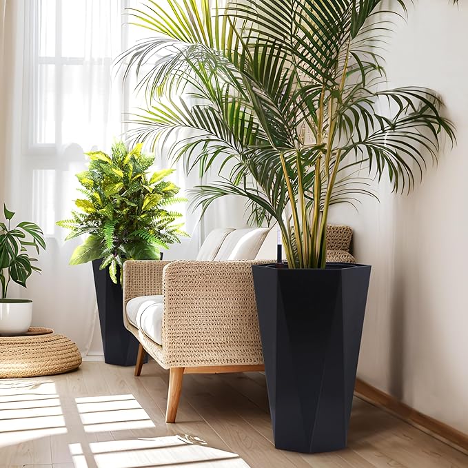 22.4 Inch Tall Planters for Outdoor Indoor Plants Set of 2, Tapered Large Flower Pots with 2 Trays and a Water Level Monitor Planter Pots, Plant Pot for Patio, Balcony, Lounge