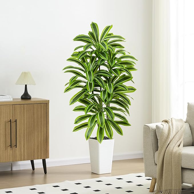 Artificial Yellow Dracaena Tree - 5FT Tall Fake Plants with White Tall Planter - Artificial Plants Indoor Floor Plant in Pot - Large Tropical Fake Yucca Potted Tree for Home Office Living Room Decor