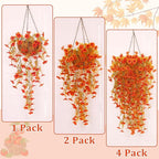 TURNMEON 4 Pcs Artificial Hanging Fall Flowers Fall Decorations, Fake Mums for Outdoors UV Resistant Hanging Plants Faux Silk Daisy Flowers for Autumn Decor Home Indoor Outside Gardens Porch (Orange)
