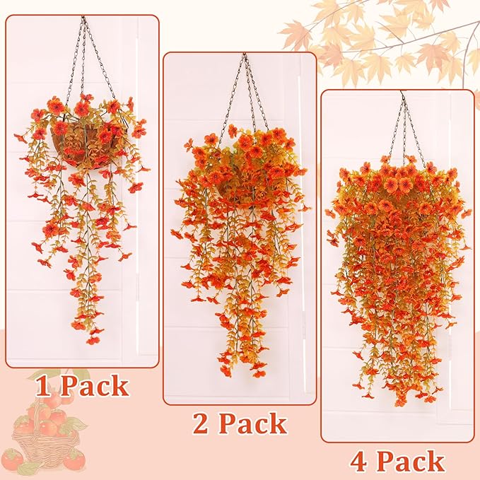 TURNMEON 4 Pcs Artificial Hanging Fall Flowers Fall Decorations, Fake Mums for Outdoors UV Resistant Hanging Plants Faux Silk Daisy Flowers for Autumn Decor Home Indoor Outside Gardens Porch (Orange)