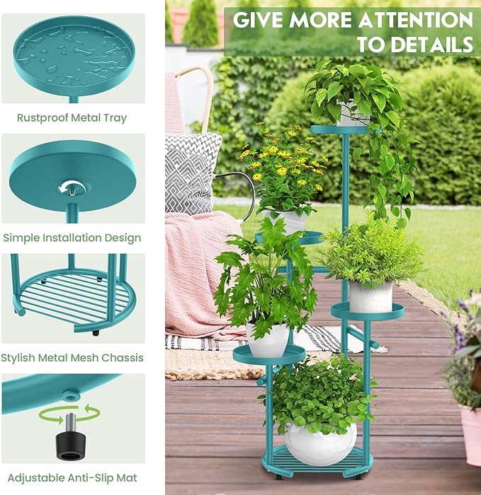 TOSKING 5-Tier Metal Plant Stand, Anti-Tip Round Base for Pots, Child & Pet Friendly, Space Saving Corner Shelf Flower Pot for Indoor Outdoor Use, Living Room Balcony Garden Patio Bedroom (Blue, 38in)