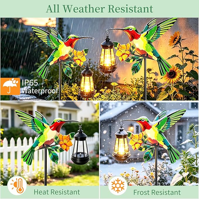 2 Pack Solar Lights Outdoor Waterproof Hummingbird Decorative, 29in Metal Hummingbird Garden Stakes with Solar Lanterns for Yard Art Outside Patio Porch Lawn, Gifts for Women Mom Grandma Mother's Day
