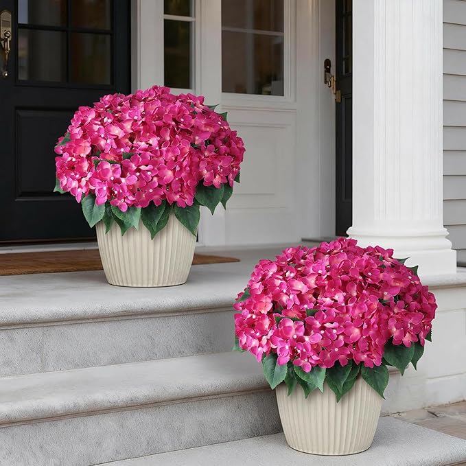 FOTEEWL 16 Bundles Artificial Hydrangea Flowers for Outdoor Decor, Realistic Faux Silk Bouquets Sun-Resistant Fake Plants for Front Door Balcony Farmhouse Garden Home Spring Summer Decor (Rose Red)