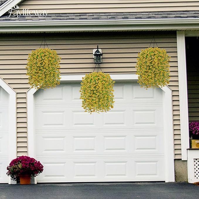 Artificial Hanging Flowers for Outdoors Spring Summer Decoration, 4PCS UV Resistant Silk Fake Hanging Plants for Patio Porch Front Yard Window Garden Indoor Decor(Yellow,4PCS)