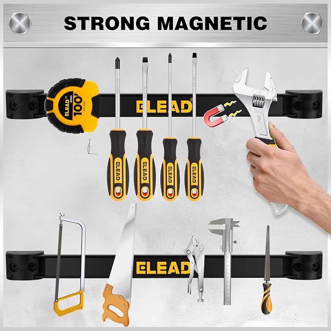 ELEAD 6-Piece 12" Magnetic Tool Holder Storage Organizer - Wall Mount Rack Garage Organization Power Magnet Hanger Workbench Board Slatwall Van Organizers Mounted Hanging Strip