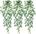 LOYWREE 3 Pack Fake Hanging Plants - Small Potted Plants with Green Eyebrow-Leaf Trailing Vines, Indoor Outdoor Aesthetic Decor for Office, Living Room Shelf & Home Accent (Black Pot)