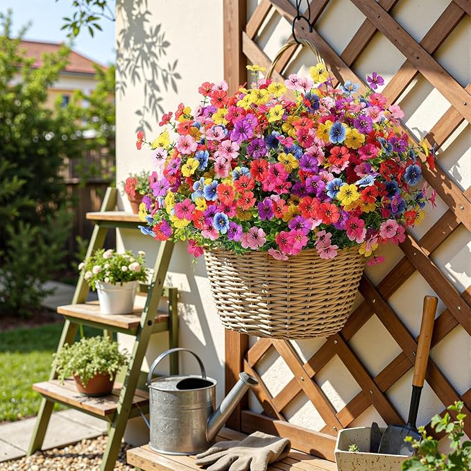 Alupssuc 48 Bundles Artificial Flowers for Outdoors Decoration, UV Resistant Silk Faux Floral Spring Fake Plastic Plants Greenery for Outside Indoor Home Yard Porch Window Box Decor(Upgrade 6 Colors)