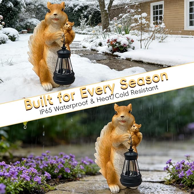 Solar Garden Statues, Cute Smiling Animal Outdoor Decor with 8 Bright LED Lights for Patio Yard Balcony Perfect Mother‘s Day Birthday Housewarming Garden Gift (Orange White Squirrel)