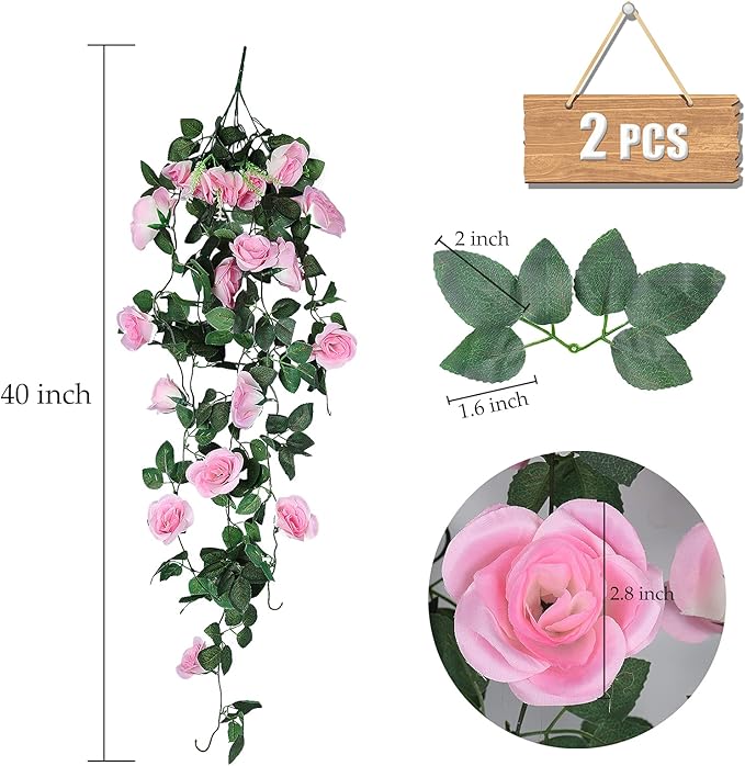 RECUTMS Valentines Day Rose Decorations, Fake Hanging Flower, 2PCS Artificial Rose Vine Plants Flowers Wedding Home Decoration and Wall Décor 3.3Ft Valentines Pink Outdoor Decor (Pink)