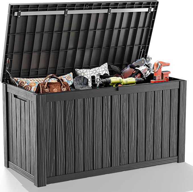 PatioZen 180 Gallon Resin Deck Box, Lockable Weatherproof Outdoor Storage Box for Furniture, Garden Tools and Tools Storage, Waterproof Outside Storage Boxes - Black