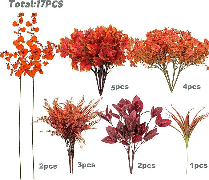 17 Bundles Artificial Fall Flowers for Outdoor Faux Fall Orchid Mums Flowers for Outside Garden Yard Window Thanksgiving Autumn Decor Fall Decorations for Home