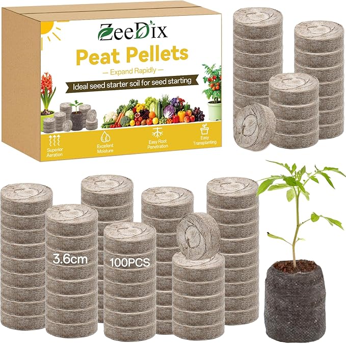 ZeeDix 100Pcs 36mm Peat Pellets for Seedlings, Seed Starter Pods Seed Starting Plugs Soil, Compressed Nutrient Block Potting Soil Discs Pellet for Planting Herbs Flowers Vegetables
