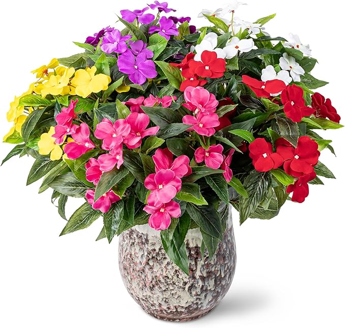 Nigirior Artificial Fake Flowers for Outdoor Décor 5 Bundles UV Resistant Fake Plants for Planter Faux Impatiens for Home Porch/Garden Stunning（5 Color）