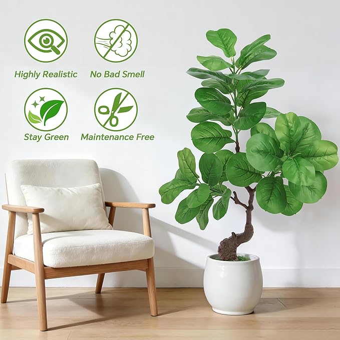 iilitphke Artificial Fiddle Leaf Fig Tree with Black Planter, 4FT Tall Fake Tree with Natural Wood Trunk for Home Decor, Faux Ficus Tree Fake Moss for Indoor Office Living Room