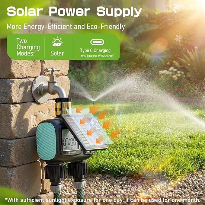2 Zone Solar Water Timer, Hose Timer with Solar Charging, Sprinkler Timers for Garden Hose with Auto/Manual/Rain Delay Modes, Digital Drip Irrigation System for Lawn/Patio/Garden