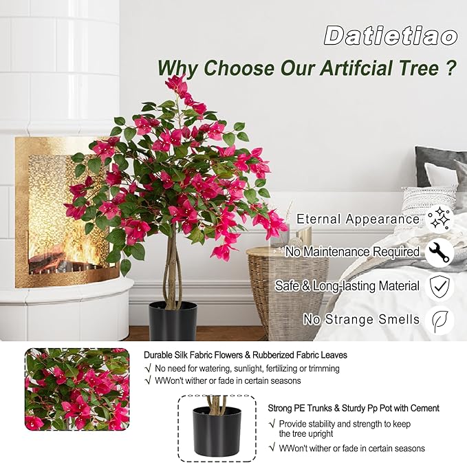 3FT Artificial Bougainvillea Tree, Faux Potted Flowering Plant with Lush Pink Blooms, UV Resistant Indoor Outdoor Artificial Tree for Living Room, Patio, Office, Porch Decoration