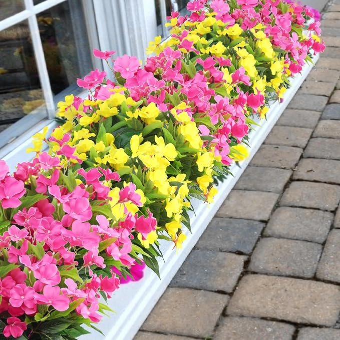 CITYES 4 Pcs Artificial Flowers Outdoor Impatiens UV Resistant Silk Impatiens Flowers Rose Red Faux Flowers Impatiens Bushes Artificial Impatiens for Pot Patio Lawn Garden Hanging Basket Porch Decor