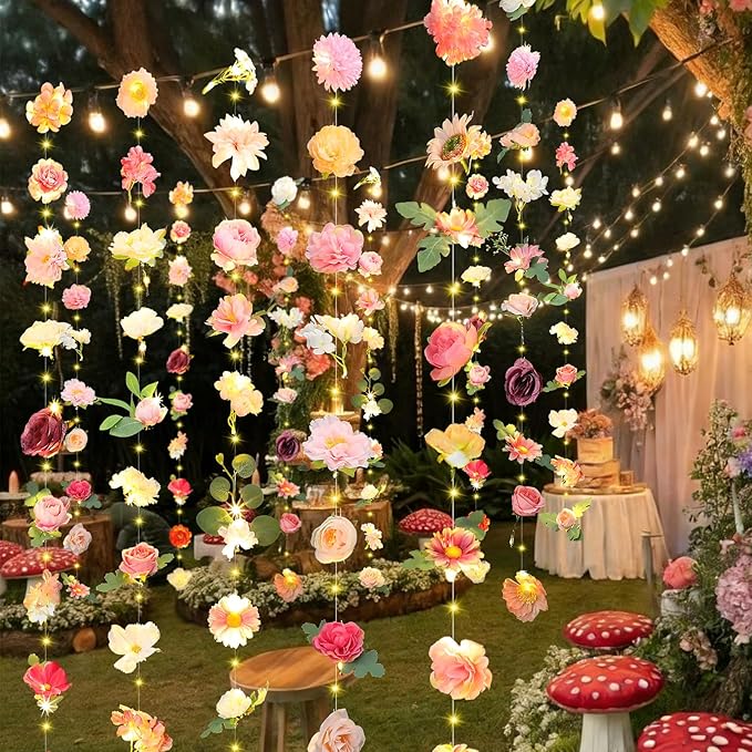 Suncalla 6 Pcs 35.4ft Hanging Flowers Garlands Backdrop Lighted Floating Fake Wildflower Vines LED Floral Garland Ceiling for Spring Wedding Bridal Shower Birthday Graduation Party(Lovely,Multicolor)