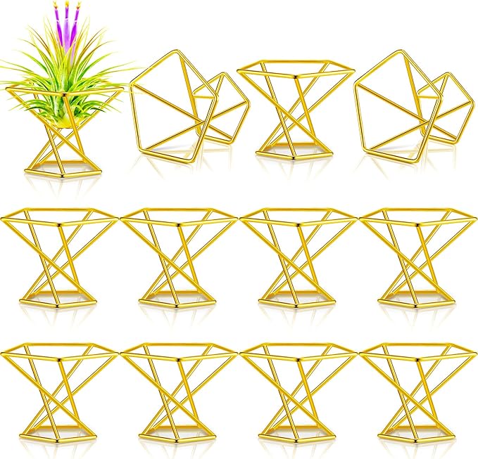 Funrous 12 Pcs Air Plant Holders Geometric Gold Airplants Rack Metal Geometric Decor Classic Modern Air Fern Plant Stands Mini Golden Planters Tillandsia Pot Containers for Office Home Wedding