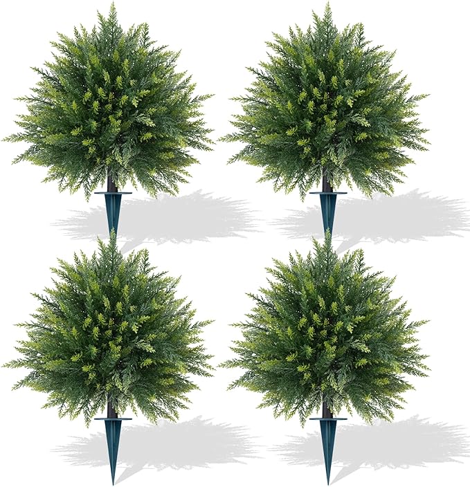 Artificial Cedar Topiary Trees with Ground Spike, 4 Pieces Fake Pine Shrubs Bushes, UV Resistant Faux Evergreen Cypress Tree Plants for Indoor Outdoor Planters Front Porch