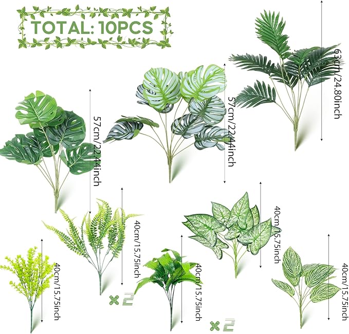 Artificial Greenery Plants Outdoor UV Resistant, 10 Bundles Large Faux Fern Bushes, Shrubs & Tropical Plants, Fake Plants for Planters, Porch, Patio, Garden & Poolside Spring Summer Decor