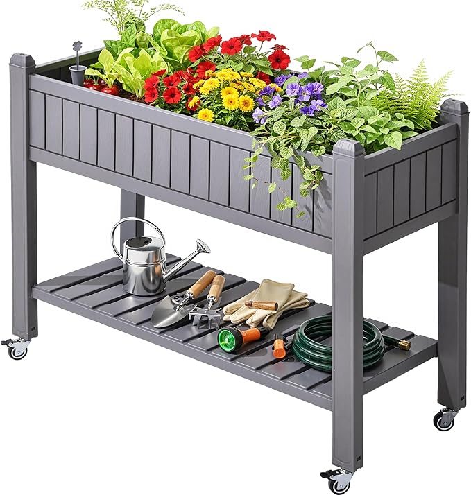 YITAHOME 42.5x17.3x35.4 in Raised Garden Bed, Outdoor Plastic Planter Box with Wheels, Legs, Drain Plug, and Storage Shelf for Plants, Vegetables, Flowers, Herbs, Brown