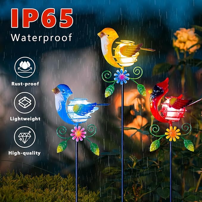 Birds Solar Garden Lights, 26" H Whimsical Decorative Solar Stake Light, 3 Pcs Outdoor Cardinal Statues Figurine Lights for Garden Lawn Patio Yard Decoration
