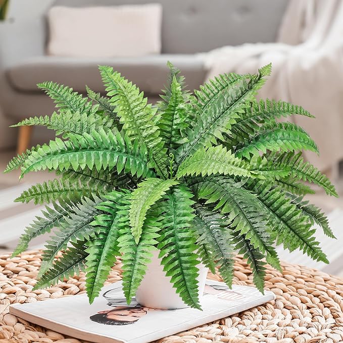 Fake Ferns Potted Plant, Artificial Boston Ferns in Pot, 34 Leaves for Outdoors & Indoor Faux Boston Bush Plant Artificial Greenery Patio Garden Farmhouse Windowsill Porch Home Decor