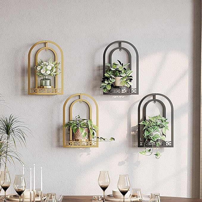 Hanging Planter for Indoor & Outdoor Plants, Mid Century Modern Iron Frame Wall Decor for Living Room Garden Patio 3 Pack Gold（No Light）