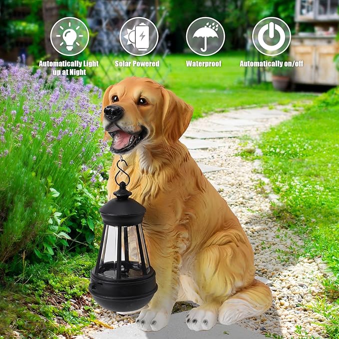 Garden Dog Statues Outdoor Decor, Solar Lights Outdoor Golden Retriever Figurine Solar Dog Ornaments for Patio, Lawn, Yard Art Decoration, Housewarming Garden Gifts for Mom