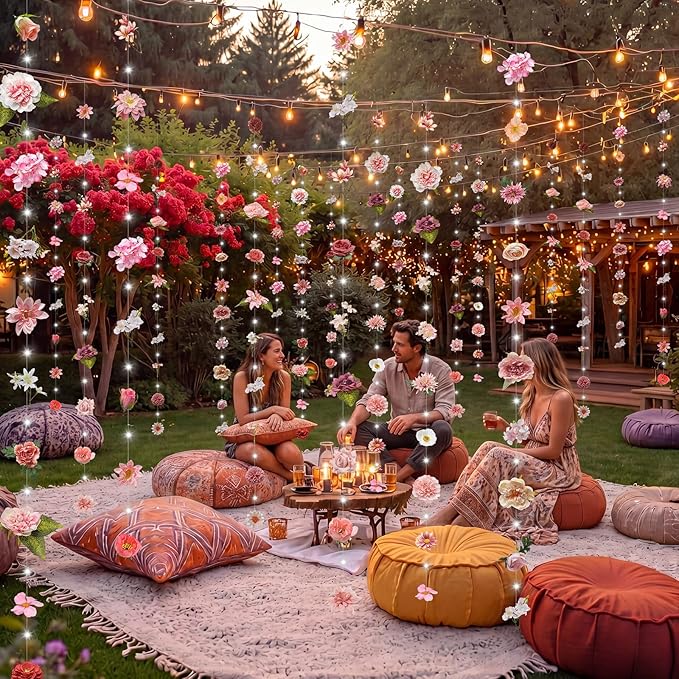 Suncalla 6 Pcs 35.4ft Hanging Flowers Garlands Backdrop Lighted Floating Fake Wildflower Vines LED Floral Garland Ceiling for Spring Wedding Bridal Shower Birthday Graduation Party(Fresh,Pink)